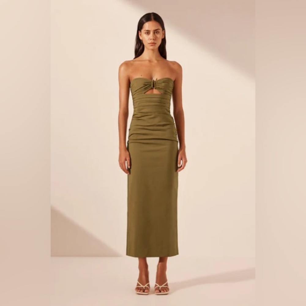 Shona Joy Lani Strapless Gathered Midi Dress - Army Green